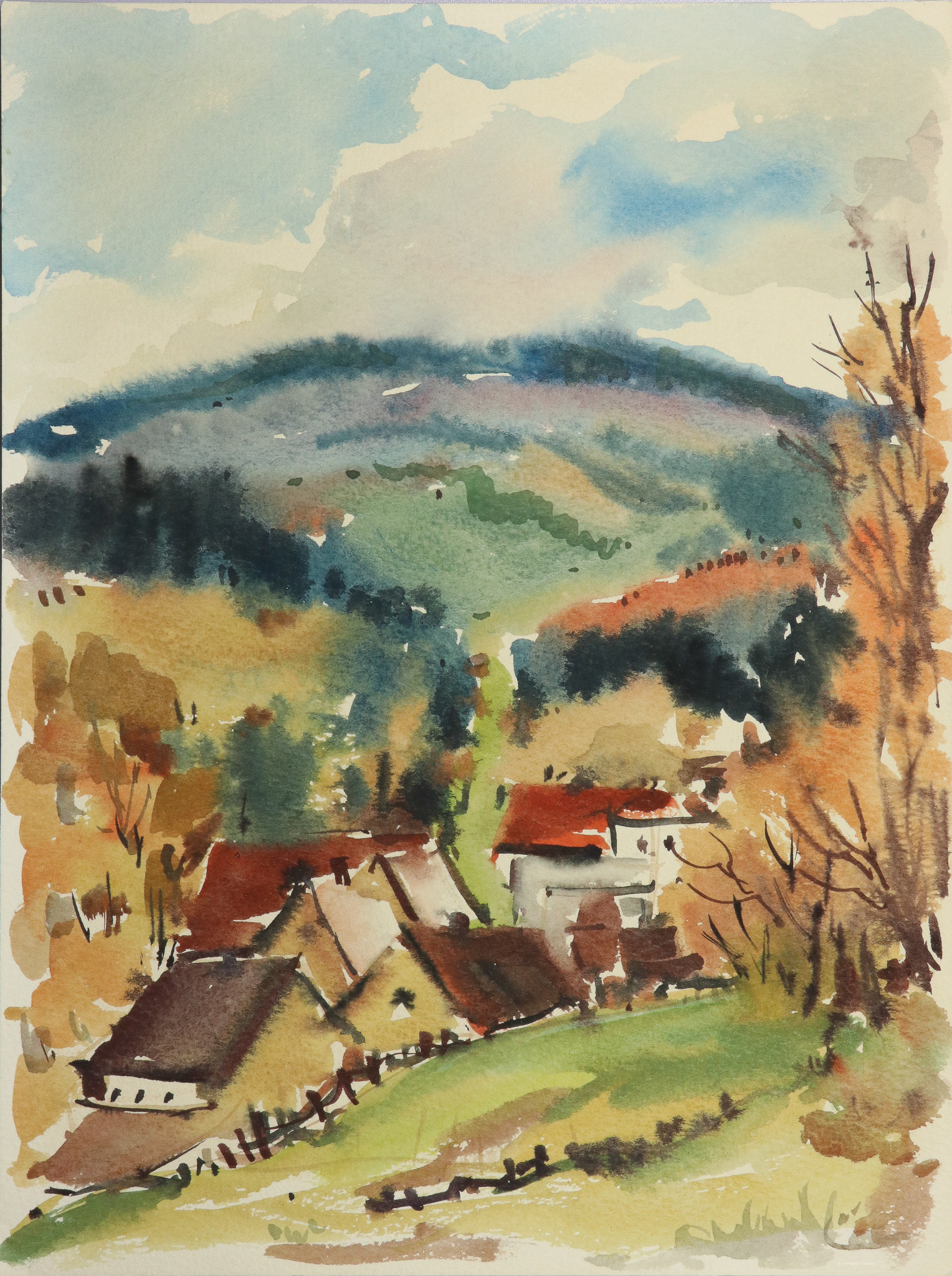 Dorf am herbstlichen Wald